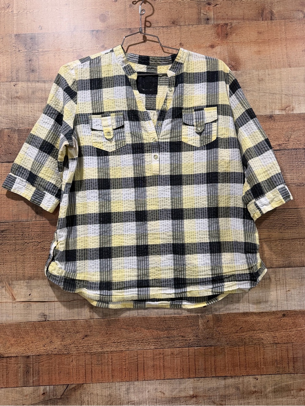 Cato Yellow and Black Plaid Button Down Short Sleeve Henley Size XL